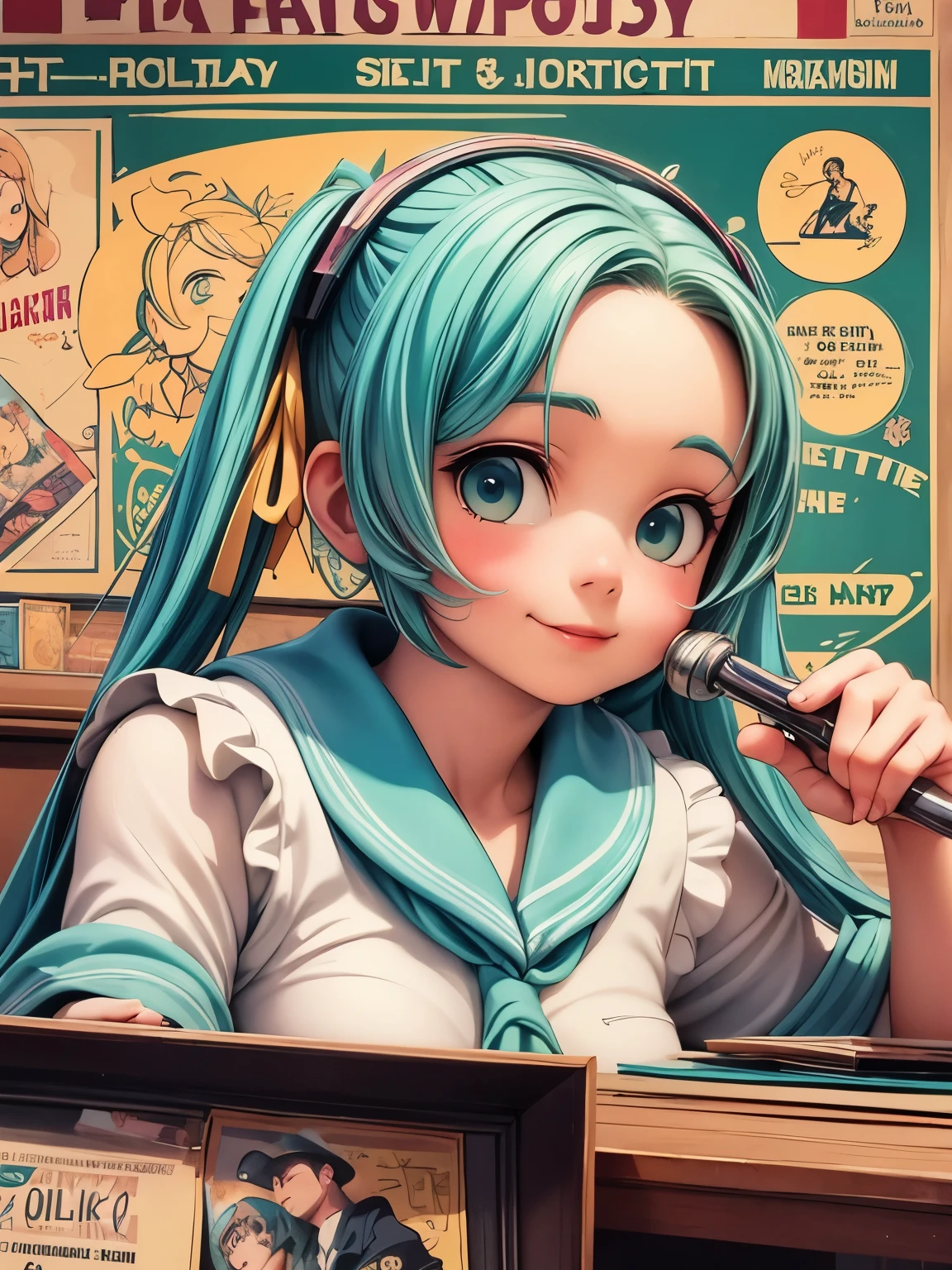 (masterpiece、highest quality、highest quality、Official Art、Beautiful and beautiful:1.2)、(One Girl:1.3)Hatsune Miku、Twin tails,Big Breasts,Poster of the girl who lost her smile, Glossy old advertising poster, Vintage Posters, Poster Vintage, Retro Posters, enoch bolles, 1940s propaganda posters, Joseph Brant, inspired by Art Frahm, beautiful retro art, art deco poster, Vintage Posters style, Hidden Ads, Trading card cover