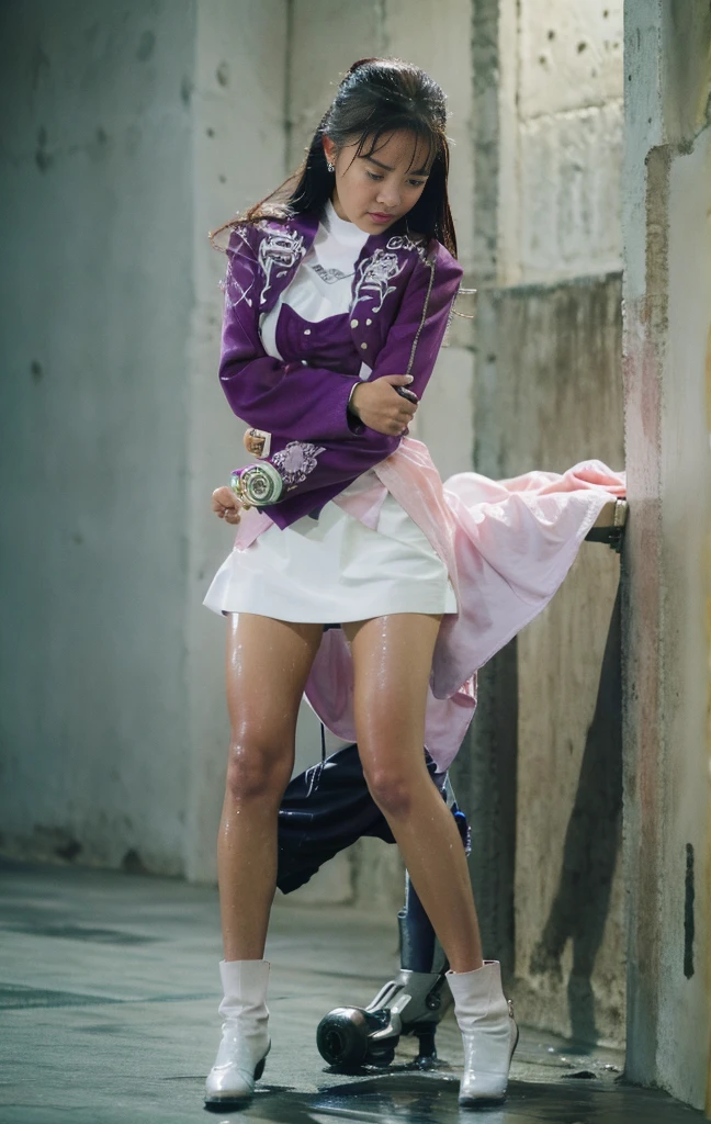 (best image quality:1.2), (super high resolution:1.2), (fidelity:1.4), 1 woman, 18 year-old, ((Cuty face)), (wet clothes:1.4), ((real rain)), ((wet hair)), (Rain drips all body), (White blouse:1.2), (white tight mini skirt:1.3), town, despair, (teardrops:1.2), (crying face:1.2), kneel down, f/2.8, 135mm, Nikon, masterpiece, anatomically correct, high details, best quality, HD, 4K, 8k, purple long sleeve jacket, white short boots 