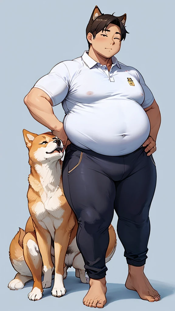 The only character is a Shiba Inu.、The body is fat、Shiba Inu、The posture is like begging.,
Posture is standing、Posture is upright、The camera is taken from a little distance.、The face is facing forward、The body is fat、The body is fat、The Shiba Inu is wearing tight-fitting pants and a tight-fitting polo shirt.
