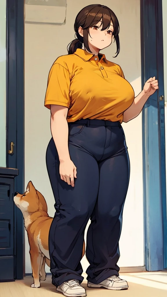 The only character is a Shiba Inu.、The body is fat、Shiba Inu、The posture is like begging.,
Posture is standing、Posture is upright、The camera is taken from a little distance.、The face is facing forward、The body is fat、The body is fat、The Shiba Inu is wearing tight-fitting pants and a tight-fitting polo shirt.