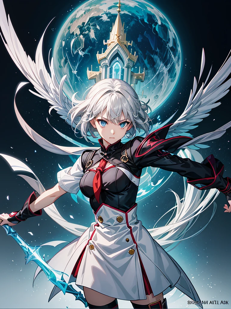 1girl、Dynamic composition、(((highest quality、Masterpiece、Official Art、Dynamic composition、Fine hair)))、Anime Style、Anime girl with white hair and blue eyes holding a shield, Blue Magic Circle, ice magic, Best Anime 4K Konachan Wallpaper, Gray-haired deity, zerochan art, Anime Art Wallpapers 8K, Anime Style 4k, UFOTABLE art style, Detailed anime art, anime art wallpaper 4k, anime art wallpaper 4k, Ryuko Matoi, Gray-haired, Anime Wallpaper