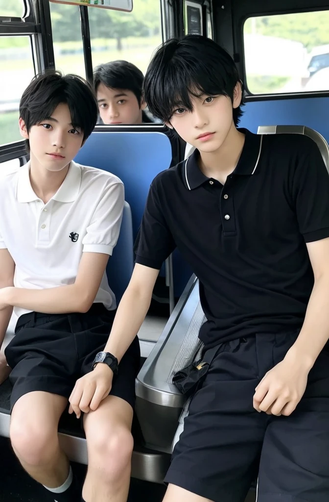 two beautiful boys、Japanese、Cute Boys、Dark Eyes、Black Hair、18 years old、、,Men with short black hair, In the bus,  、Polo shirt、Shorts