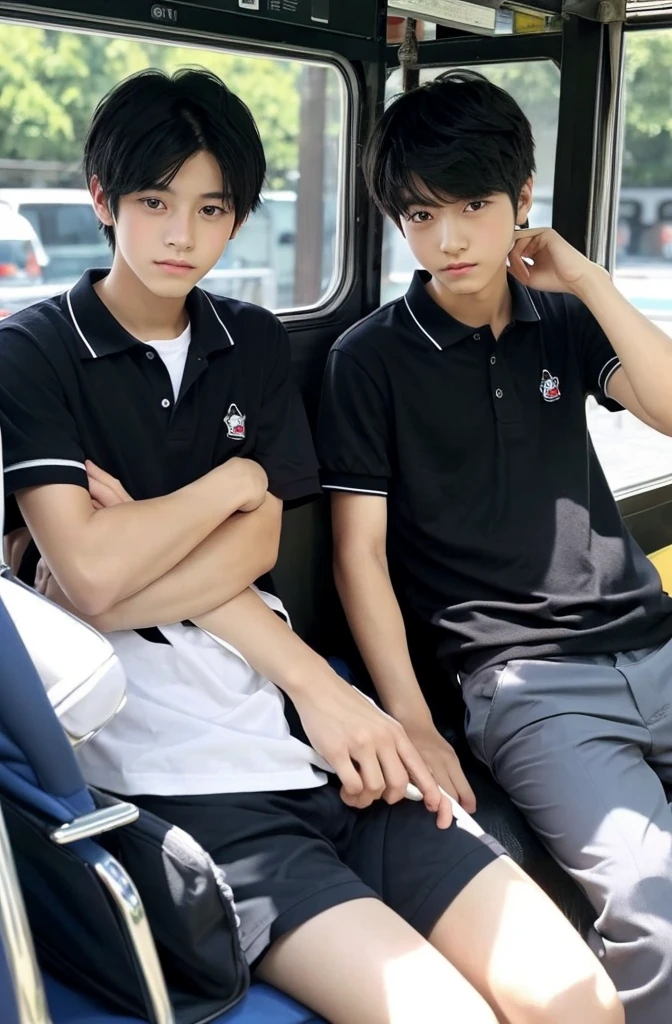two beautiful boys、Japanese、Cute Boys、Dark Eyes、Black Hair、18 years old、、,Men with short black hair, In the bus,  、Polo shirt、Shorts