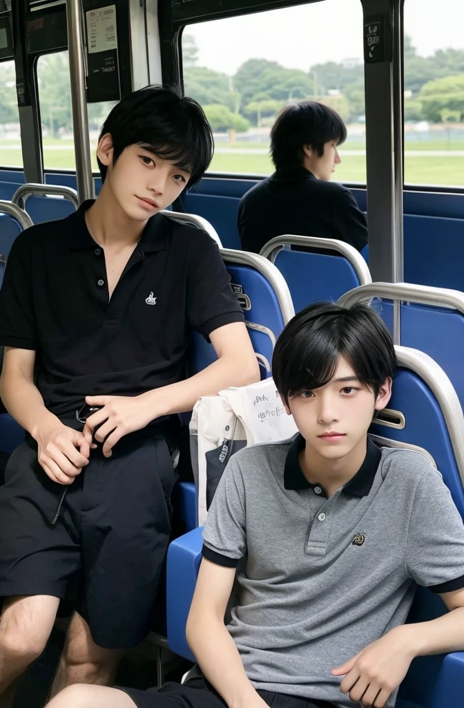 two beautiful boys、Japanese、Cute Boys、Dark Eyes、Black Hair、18 years old、、,Men with short black hair, In the bus, 、Polo shirt、Shorts