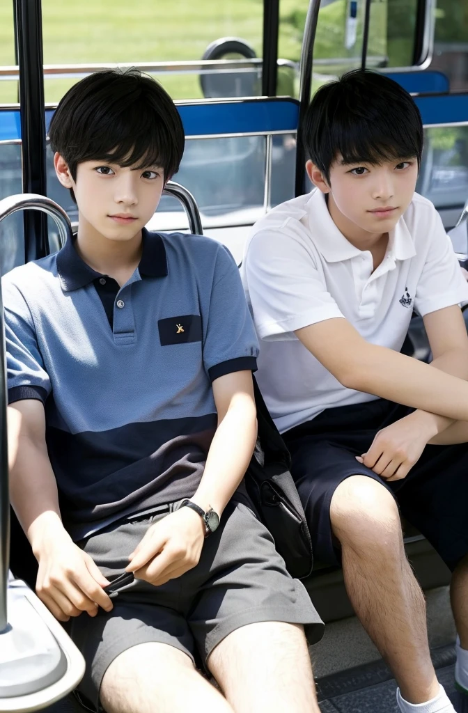 two beautiful boys、Japanese、Cute Boys、Dark Eyes、Black Hair、18 years old、、,Men with short black hair, In the bus,  、Polo shirt、Shorts