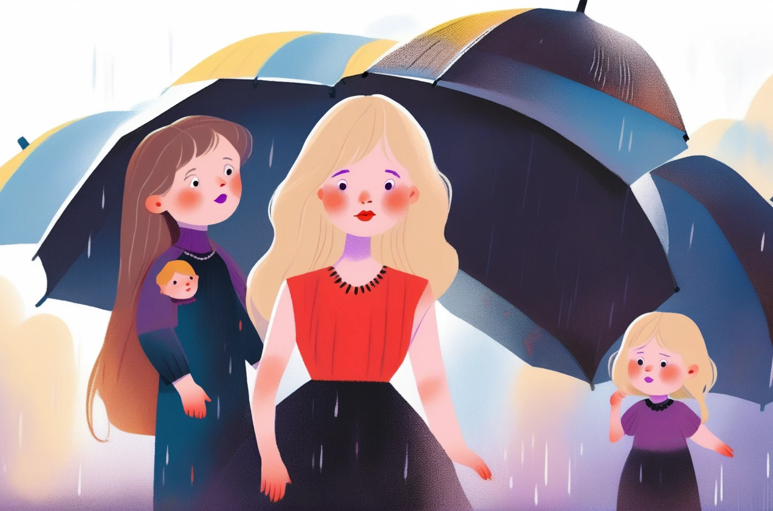 children's picture books,crayon paintings, woman, bangs, blonde hair, earrings, gothic black dress, jewelry, lipstick, long hair, makeup, purple eyes, rain, red lips with her son and daughter