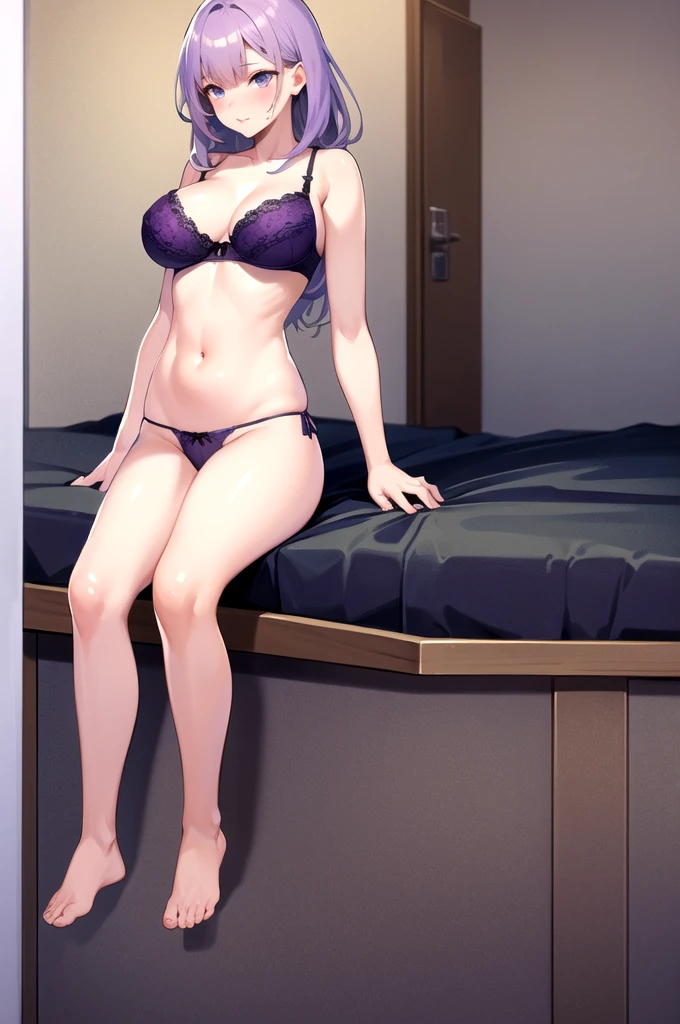 ((highest quality)), ((masterpiece)), (detailed), One girl,Age 25,Too cute,Erotic atmosphere,Purple Bra, String Panties,Big Breasts,Bedroom at home,
