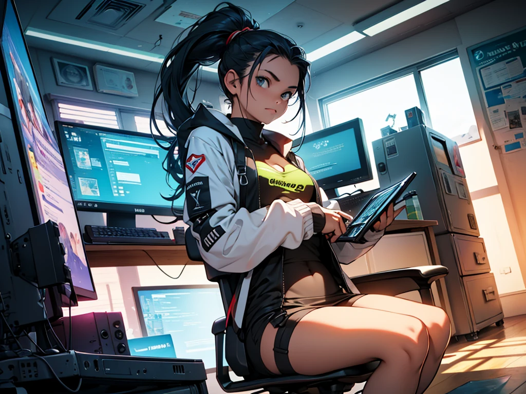 One adult woman with narrow eyes,career woman,Office Lady,business suit,Tight skirt,pumps,lawyer,cool,gauze, Forehead,Anatomically correct, accurate, masterpiece, Highest quality, Winner of numerous awards, Textured skin, retina, retina, Black Hair, Half-up hairstyle, solemn, Column Lineup,Cinematic light effects, Anime Style, Japanese illustration style, Half-up hairstyle, Very adult