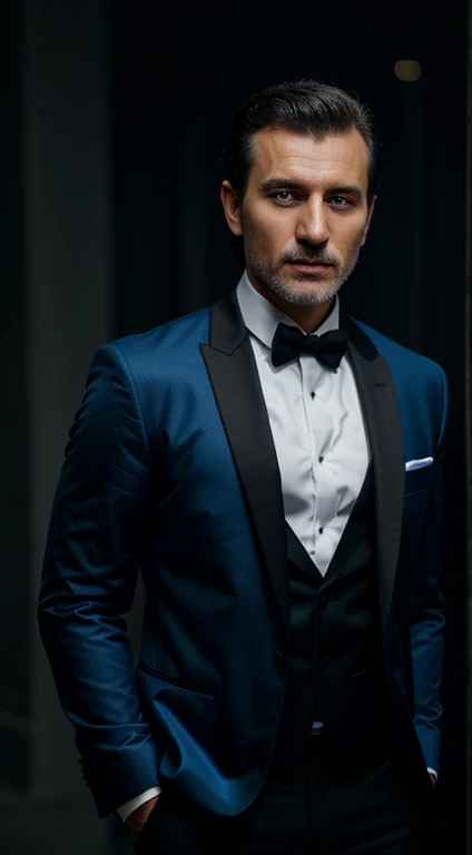 russian man , cool blue  jacket ,black pant , tuxedo ,low long shot photography, realistic, detailed skin texture, vibrant colours, great exposure, cinematic, Photorealistic:1.4, UHD