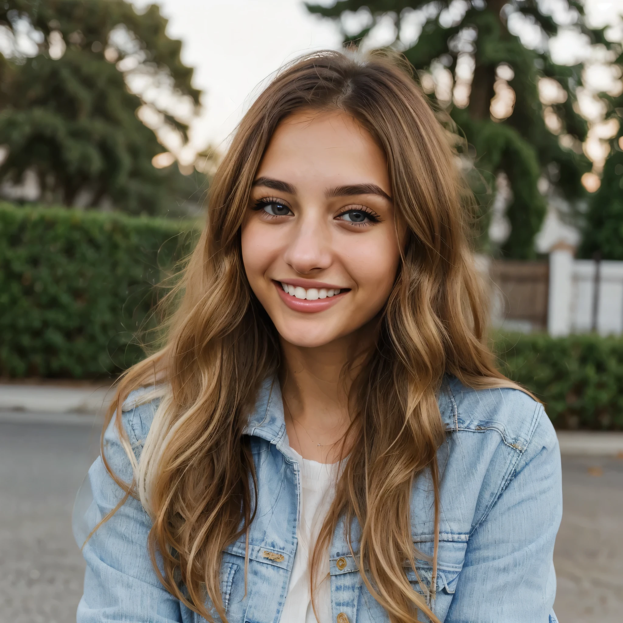 one cute women, 22YO, white, Arab, cute face, realistic brown eyes, blue jacket, blonde/brown hair, cute smile, skinny face, white realistic teethes, big eyes, long hair