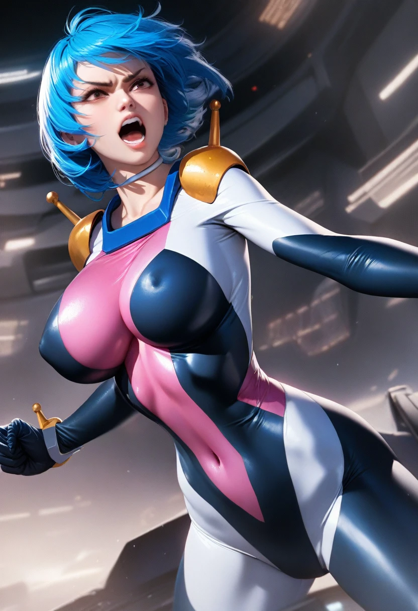 perfect hands, perfect finger,perfect anatomy, masterpiece, best quality,realistic, hyperrealistic, 16k hdr,1girl, large breasts,erected nipples,blue hair, bobcut,mobile trace suit, shoulder armor,bodysuit,fighting pose, upper body, cockpit,from below,angry