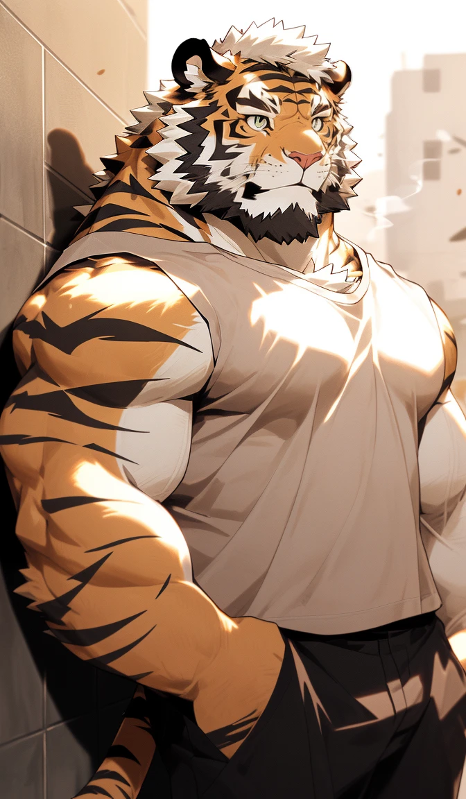 hairy,(tiger,Black short sleeve:1.3,Against the wall:1.3)beard,Golden fur,(smokes:1.3),male,Common,full-body shot,Real background,masterpiece,Very detailed,lifelike, macho, shirtless