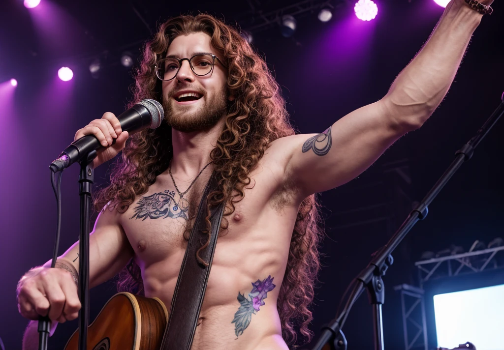 Long brown hair with curly ends, A pale-skinned man wearing long glasses, Purple tattoo on neck,masterpiece, highest quality, Realistic, Very detailed, Concert, Impressive, rock star , rock concert,The excited crowd at the back