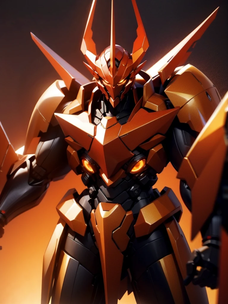 Robot, red mono eye, red body, high quality, golden horns on head, heavily armored,Robot, red mono eye, red body, high quality, golden horns on head, heavily armored, reddish-black shoulders, arm armor is an austere shade, sunset background,