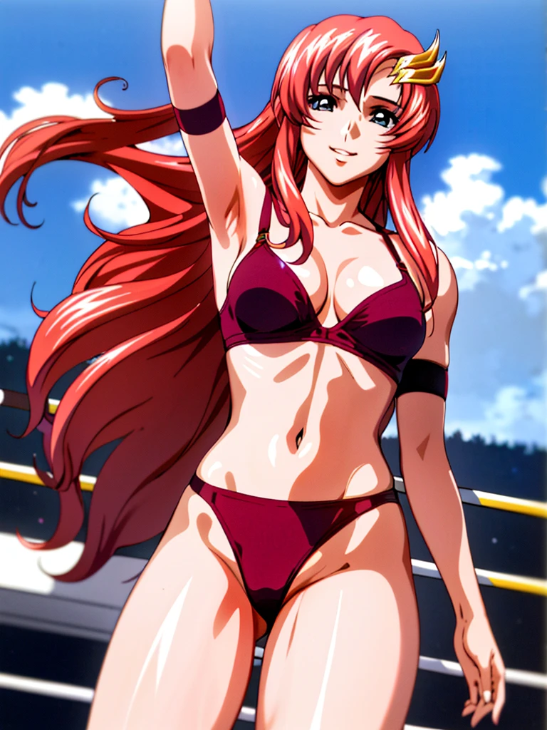 lacus4, (red bikini, running, thong, tall girl, masterpiece, cowboy shot, very slim shoulders, 4K, Best Quality, Anime style: 1.9, happy, Adult Woman, (ultra detailed head), (Crowd, cloud background), Drawing lines, high resolution, lacus4), 1girl, Solo, curvy figure, clavicle, scapular, (Detailed wide hair bangs, very long hair, Hair Ornament, Detailed reddish-pink hair, shiny streaks, slim arms, detailed golden crest), cleavage, large hands, (hair cover shoulders). (Big blue eyes, shiny eyes), ((female wrestler, (slim body), slim arms, thighs)), ((perfect proportions, medium-small breasts, medium thighs, long belly)), ((totally red bra, leg strap)), smile with a wink, (standing, hot colors), detailed fingers, (bare shoulder, stretching, one arm up, looking away)