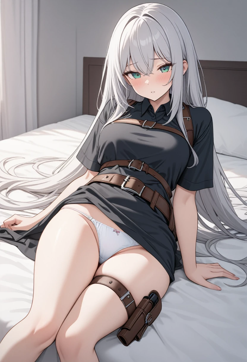 ((masterpiece)), (highest quality), (Simple style),Silver hair, super long, jade eyes, cheeful, body harness, holster belt, leg belt, white cloth panties, long shirt, bed 