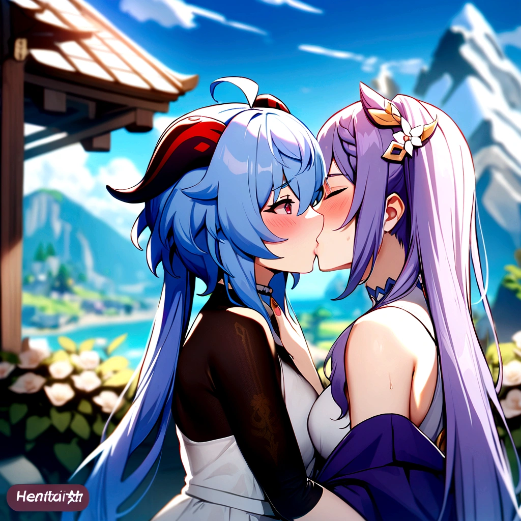 Genshin impact, 2 women, Yuri, purple hair keqing, ganyu, looking at each other, kiss, bed, keqing above, NSFW, hentai