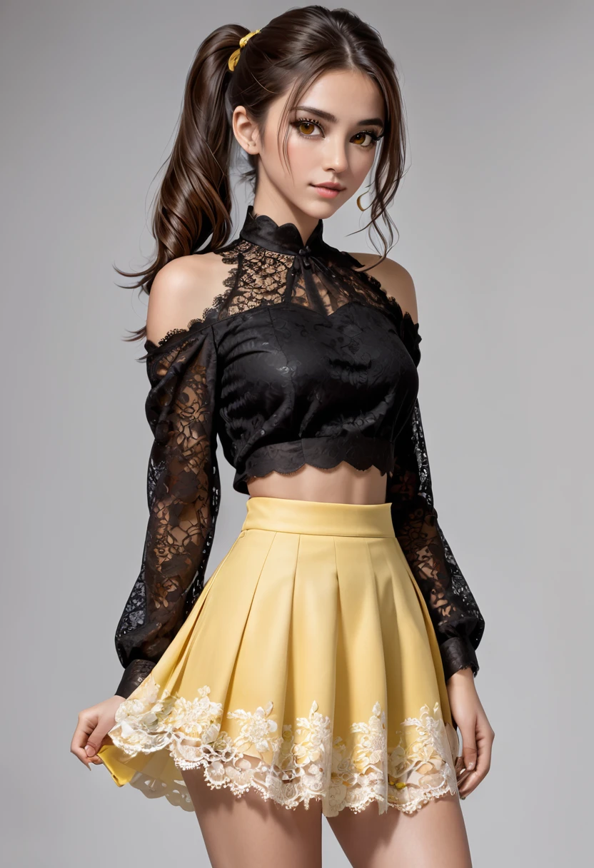 full-length image, woman standing facing forward, looking straight ahead, detailed brown hair styled in a medium ponytail, sparkling yellow eyes, black lace blouse with exposed shoulders, short round white skirt, detailed brown high-heeled sandals. detailed toenails.