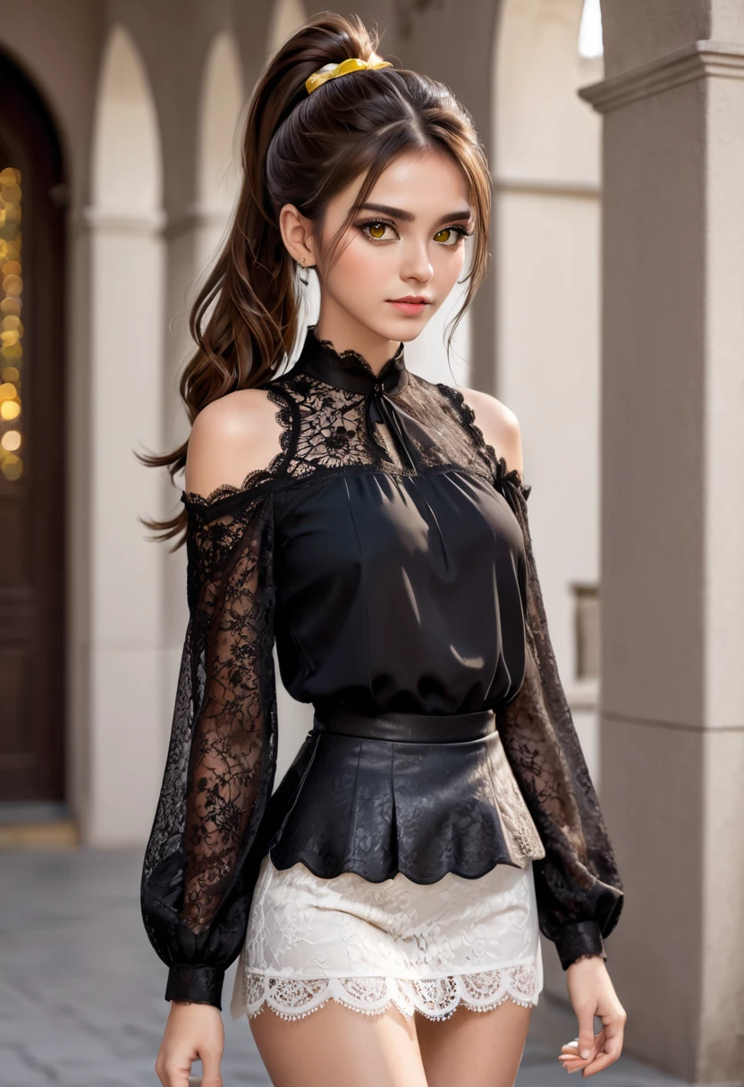 full-length image, woman standing facing forward, looking straight ahead, detailed brown hair styled in a medium ponytail, sparkling yellow eyes, black lace blouse with exposed shoulders, short round white skirt, detailed brown high-heeled sandals. detailed toenails.