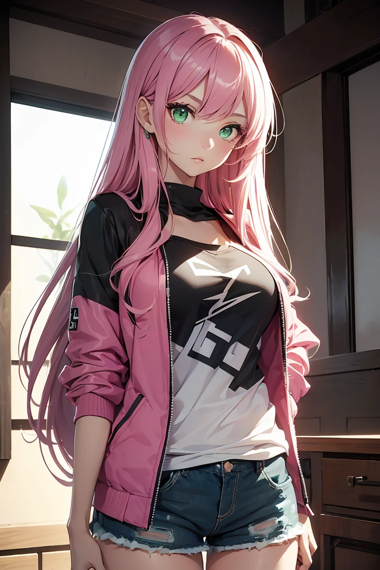((1 girl)), Latest Fashion Trends ,Open chest,Jacket ,T-Shirts, Shorts,((Very detailed,highest quality, High resolution, 8k wallpaper, Beautiful clothes,)),((Pink Hair, Long Hair,Straight hair,Both sides up)) ,(Green Eyes),eye shadow, eyeliner,Glow Eye, Very detailedな目, Complex eyes, Beautiful Eyes, 輝くGreen Eyes,18-year-old girl, 