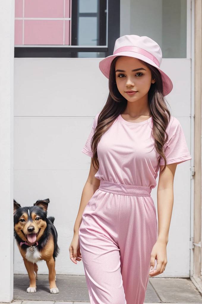 A grid page of a notebook. In this page a cartoon illustration of a cute girl walking with her dog. She is wearing a pink jumpsuit with white t shirt. Also wears a pink and white coloured hat and a white Snekers with pink lace.