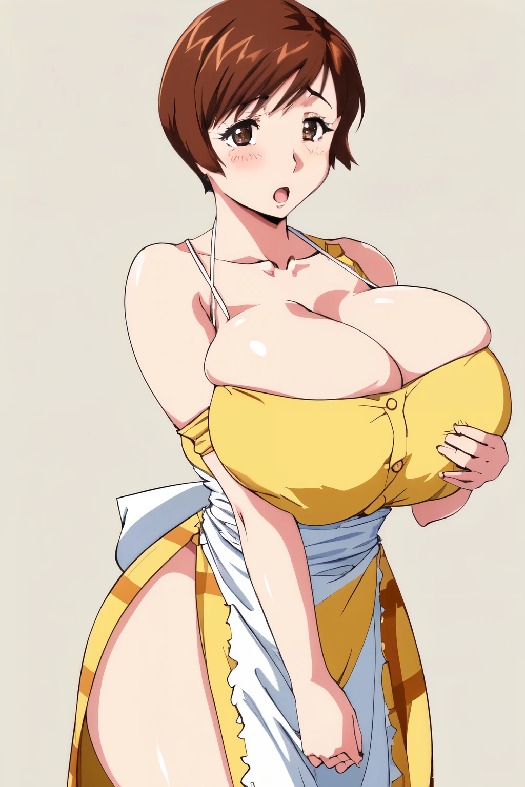 masterpiece, highest quality, High resolution, One girl, alone, sexual intercourse, Pornographic images, short hair, etsukoto, Brown eyes, fine grain, fine grain, (((Thick thighs, Plump thighs, Voluptuous thighs, Thighs alone are enough))), Huge and ample breasts, Cleavage, Huge long breasts, Naughty big,((Big breasts are important))、((Naughty thighs)), L Cup, (thin:1.4),(Tight waist:1.4),  (Yellow Dress:1.4), ((white waist apron)), White panties, anguish, :o, blush, (((Simple Background))), ((Wide Hips)), Shiny, Oily skin, Mature mother, Calf, Seductive mature woman, Perfect body, Plus Size Model, etsukoto, blush, clavicle, retro artstyle, 1990s (style), ((grabbing own breast byself)),