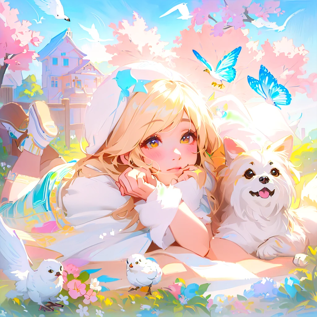 Brightly colored,The painting shows a little girl lying on a blanket,There is a dog and a bird beside me, Lovely detailed artwork, author:Yang Borun, Cute numbers, Lovely portrait, Traditional Arts, Lovely detailed digital art, realistic Lovely girl painting, Lovely , Lovely artwork, Lovely digital art, Beautiful artwork, Alison Kinnard, author:Howard Lyon, Lovely girl