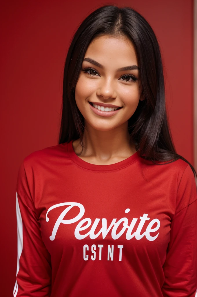 1girl, alexabotez, (red tshirt), long sleeves, design print, simple background, indoors, headshot, portrait, smile,