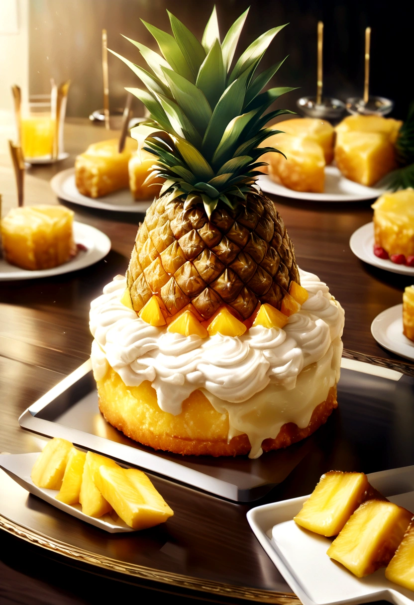 High resolution image of pineapple upside down cake, A moist and fluffy cake topped with caramelized pineapple slices., Creates a visually appealing and luxurious dessert display.
