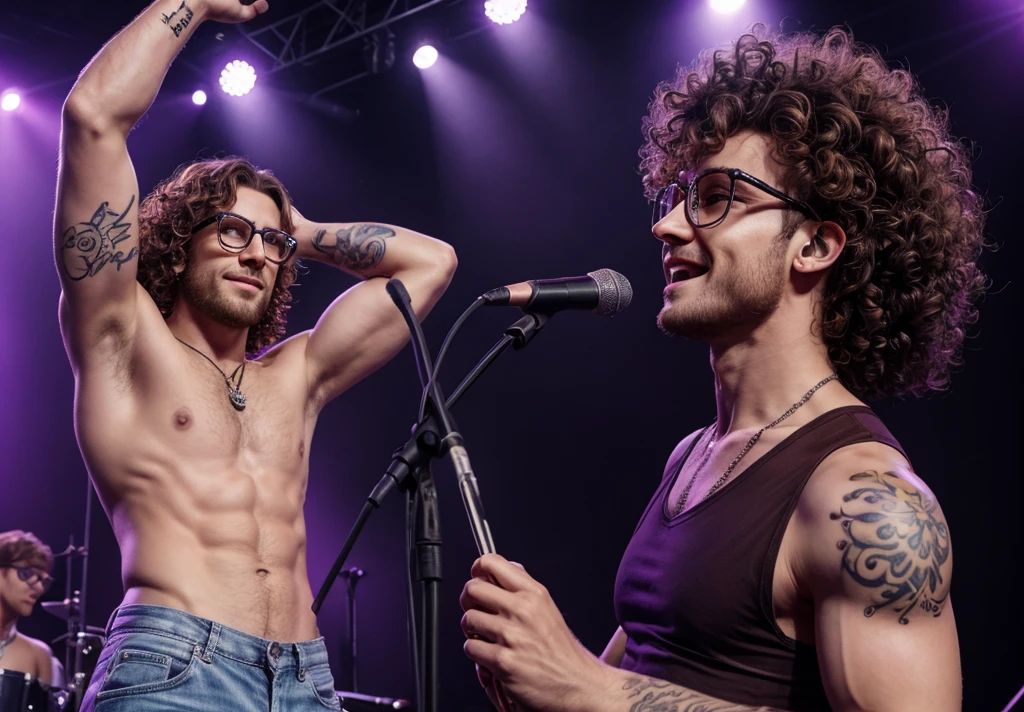 Brown hairstyle with curly ends, A pale-skinned man wearing long glasses, Purple tattoo on neck,masterpiece, highest quality, Realistic, Very detailed, Concert, Impressive, rock star , rock concert,The excited crowd at the back