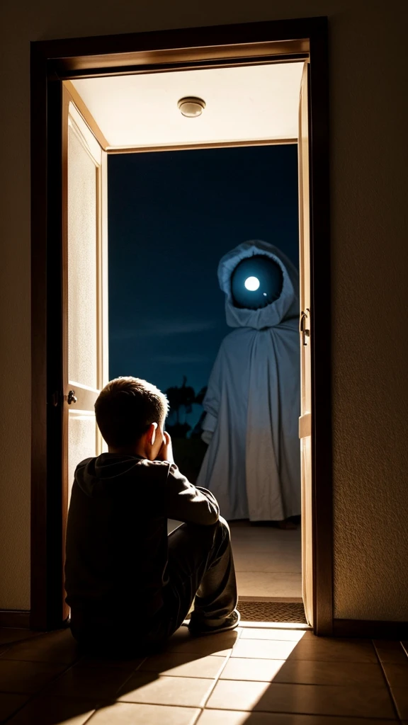 Crea una imagen inquietante que capture la esencia de la historia "Tobi: El Perro Imaginario". En la imagen, shows a 9  boy, Kique, de pie en la entrada de una casa suburbana, staring with a disturbing smile at a dark, menacing shadow looming over an empty plate. En el fondo, una madre aterrorizada observa desde una ventana, with eyes wide open and hands covering his mouth. Make sure the shadow is shaped to suggest a ghoulish giant dog, pero de una manera sutil y aterradora, con ojos rojos brillantes que destaquen en la oscuridad. The atmosphere should be nocturnal and gloomy, with soft lights that add to the suspense and mystery of the scene.