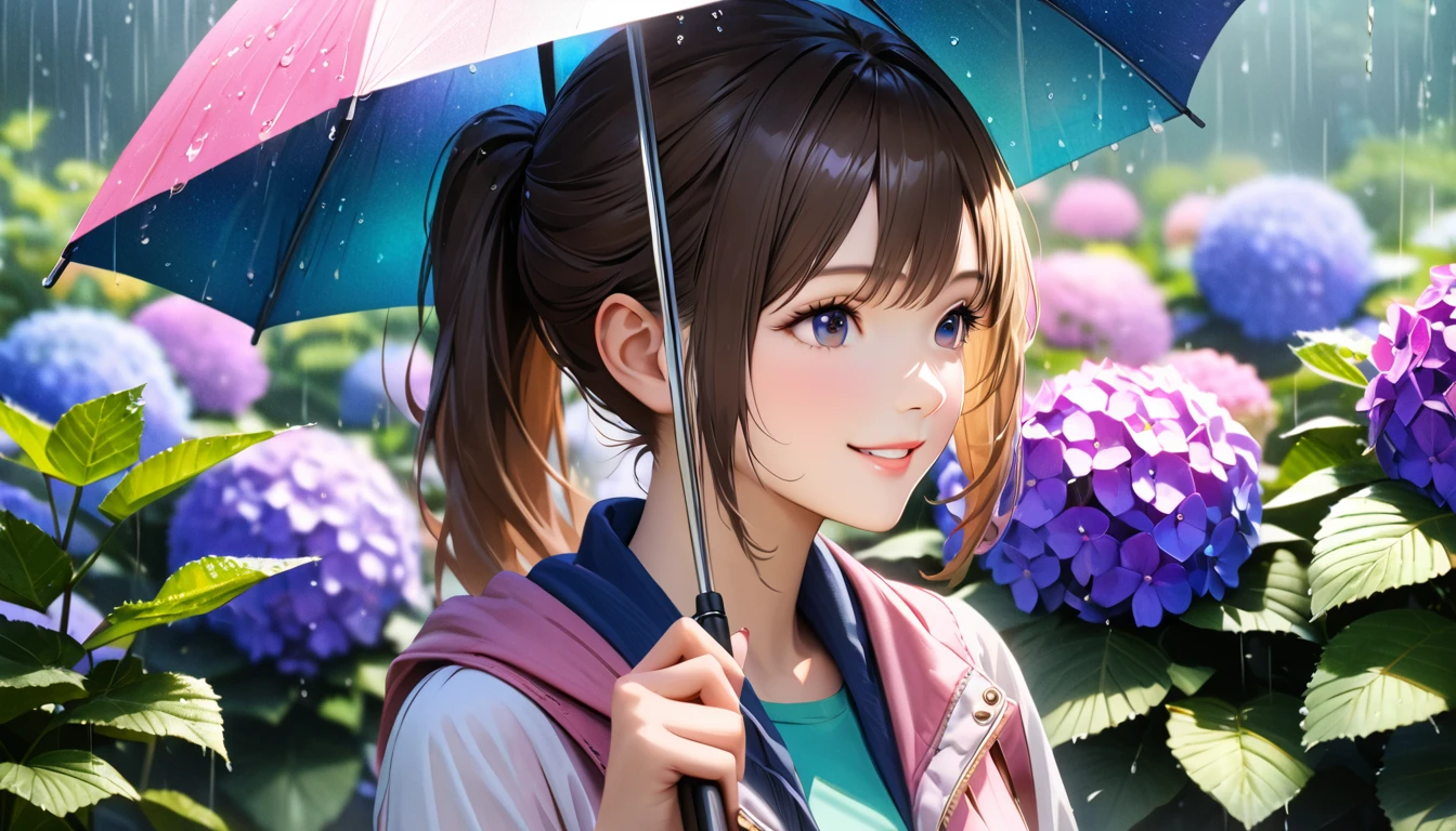 rain,Hydrangea Park, Cute casual clothes, Holding an umbrella,Blur the background,High school girls,ponytail,smile,Glitter effect,highest quality, 4K, 8k, High resolution, masterpiece:1.2, Very detailed, Realistic:1.37, High resolution, 超High resolution, Ultra-fine painting, Sharp focus, Physically Based Rendering, Very detailedな説明, Professional, Vibrant colors