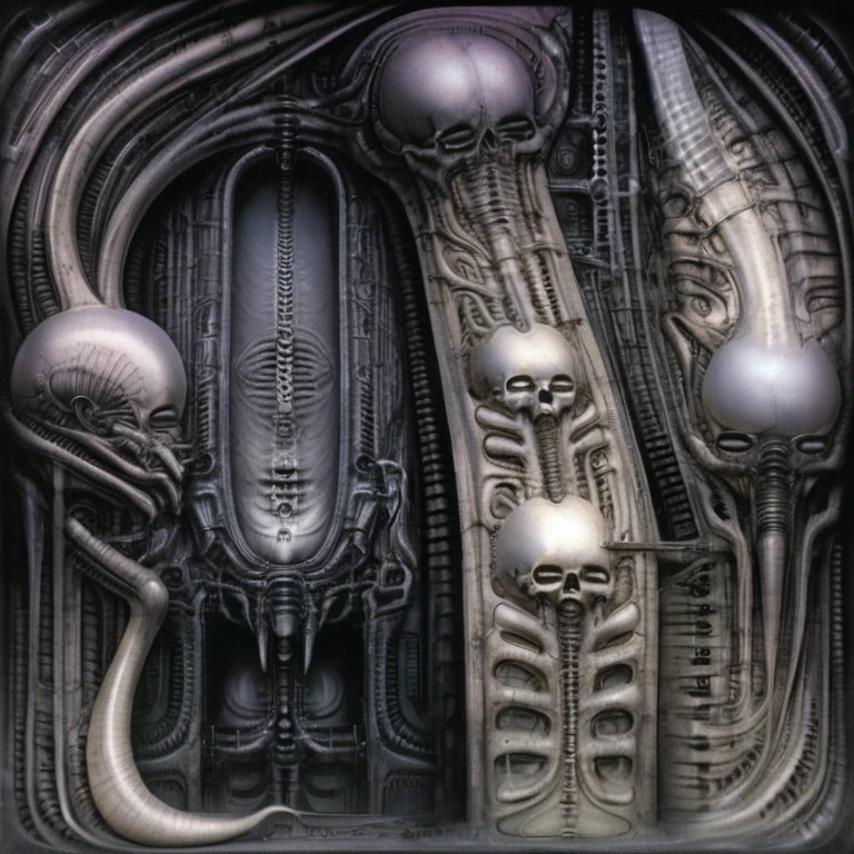 g1g3r, 0f1g, Giger_style, The image is a detailed view of H.R. Giger's \" chakhmate \" plate,
Create biomechanical tableau in h r giger's style. It is called “Schachmatt” (Checkmate) by H. R. Giger and was created in 1979.
The tableau depicts a nightmarish Thanksgiving dinner scene. A skeletal family sits around a table overflowing with g
The image depicts a complex, biomechanical structure with a level of detail achived by fractal algorightmic art, that suggests a sci-fi or futuristic theme.Is a digital artwork featuring a complex, intricate, and colorful design. It is a blend of geometric shapes, lines, and forms that create a sense of depth and dimension.
The piece is a tableau, most likely created with airbrush and an India ink wash, determined by the thin lines, shading techniques, and the texture of the paper, which is visible around the edges.
used is pen, given the shading and variations in line weight visible in the image. One have used a variety of brushes with different degrees of hardness to achieve the shading effects
The placement of the creatures on the sides follows the rule of thirds, a principle in composition that places important elements along imaginary lines dividing the image into thirds both horizontally and vertically.
The background is dark and limited , a series of arches and tunnels that recede into the distance. The lack of detail keeps the focus on the creatures in the foreground and creates a sense of mystery environment.
The art performance showcases the artist’s skills in observation and rendering. The level of detail in the piece suggests a close study of real
The style is clearly biomechanical.