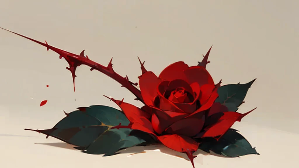 One scarlet rose with thorns and leaves on a beige background. hyperminimalism. A LOT OF EMPTY SPACE. LITTLE ROSE!!! Rose at the bottom of the image. The rest is an empty background
