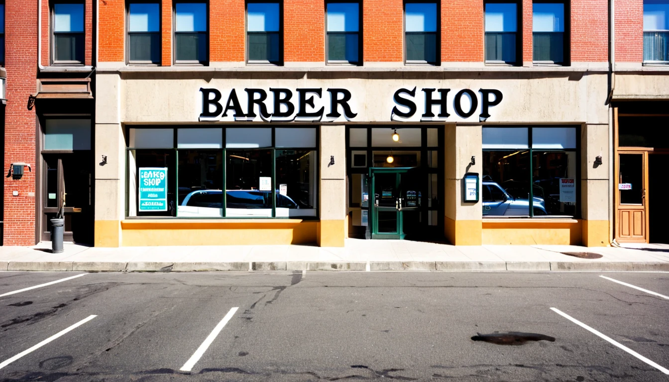 offices entrace from parking lot, city center, sunny day, with a sign that says "barber shop"