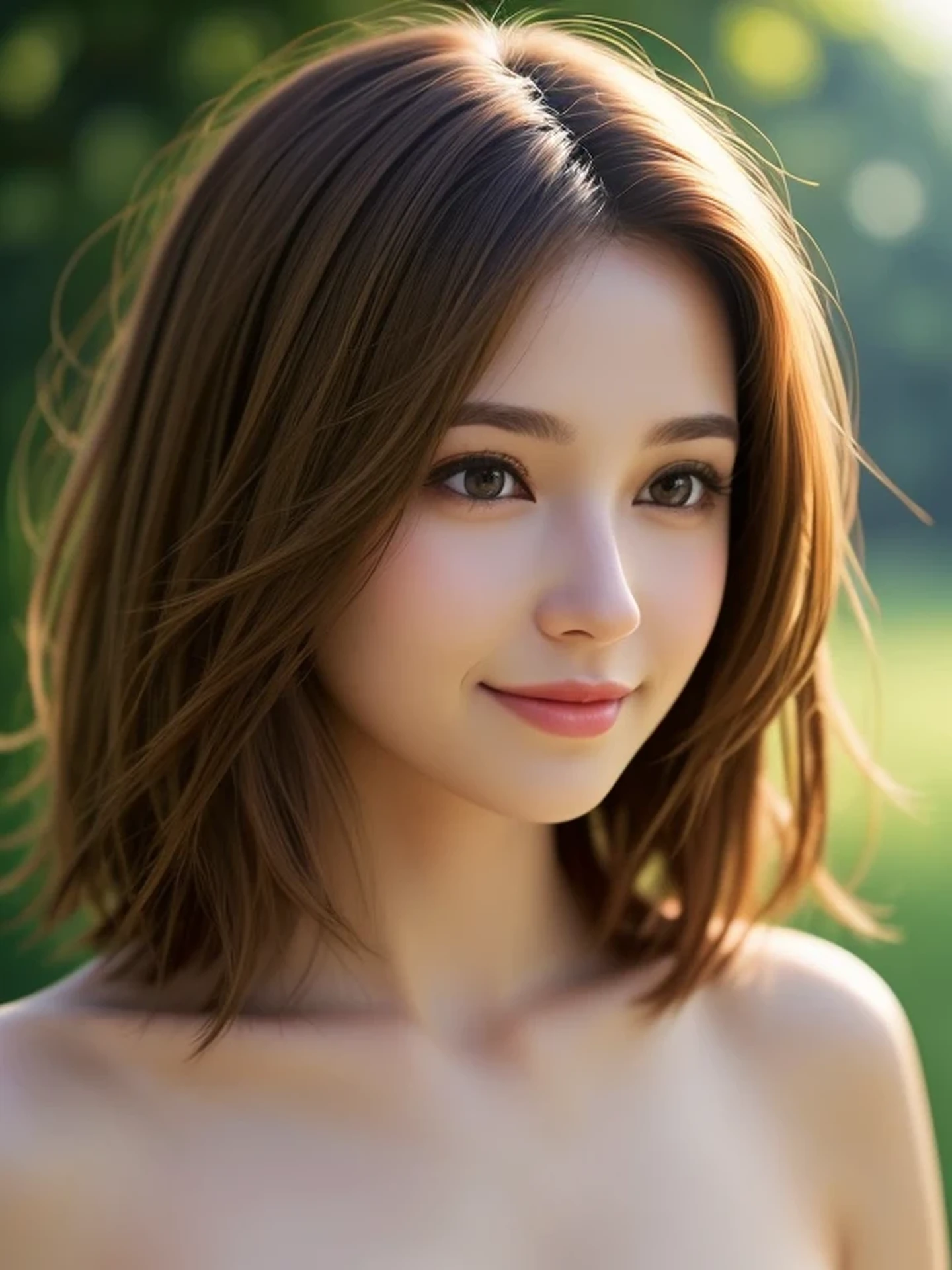 (looking away:1.4), (upper body shot:1.2), Realistic digital painting of a woman portrait, Shy, Cute, happy smile, brown eyes, (medium Hair:1.1), (light brown brunette hair:1.3), (Highly detailed skin:1.2), Mystical style, Global Illumination,