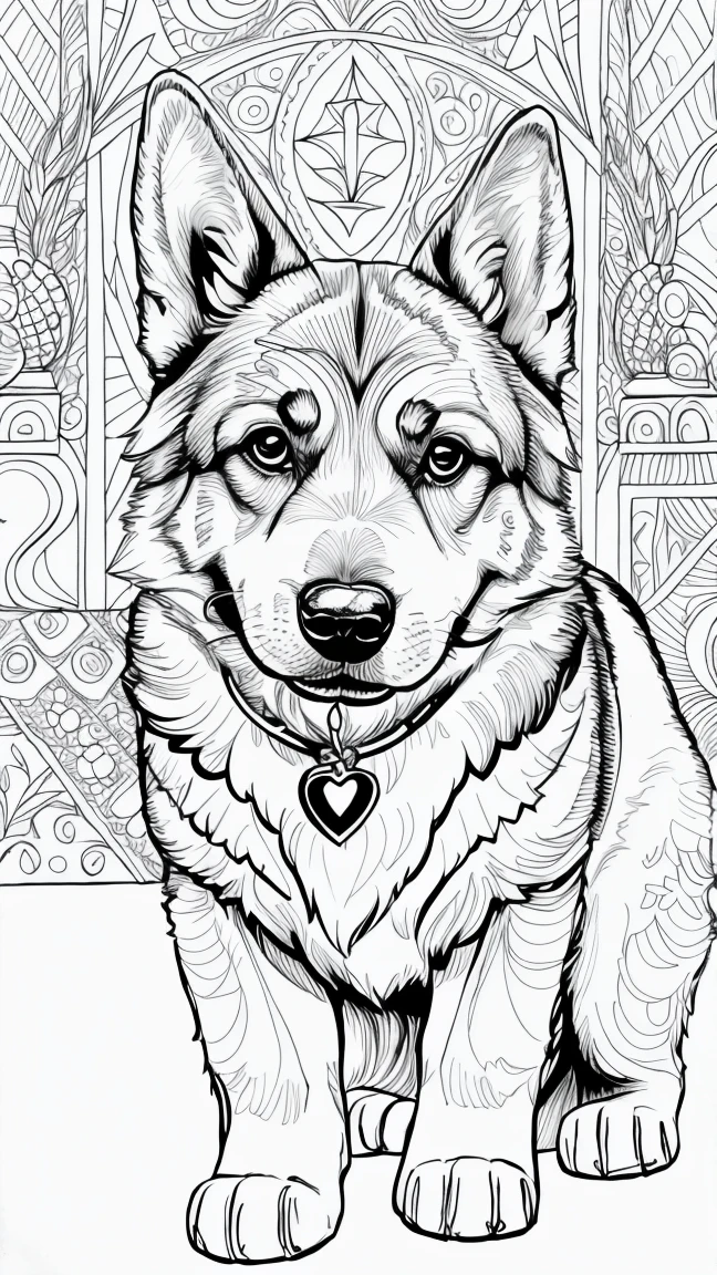 A cute dog German Shepherd, as a coloring page, a crisp bold outline, and background should be white for coloring pages.