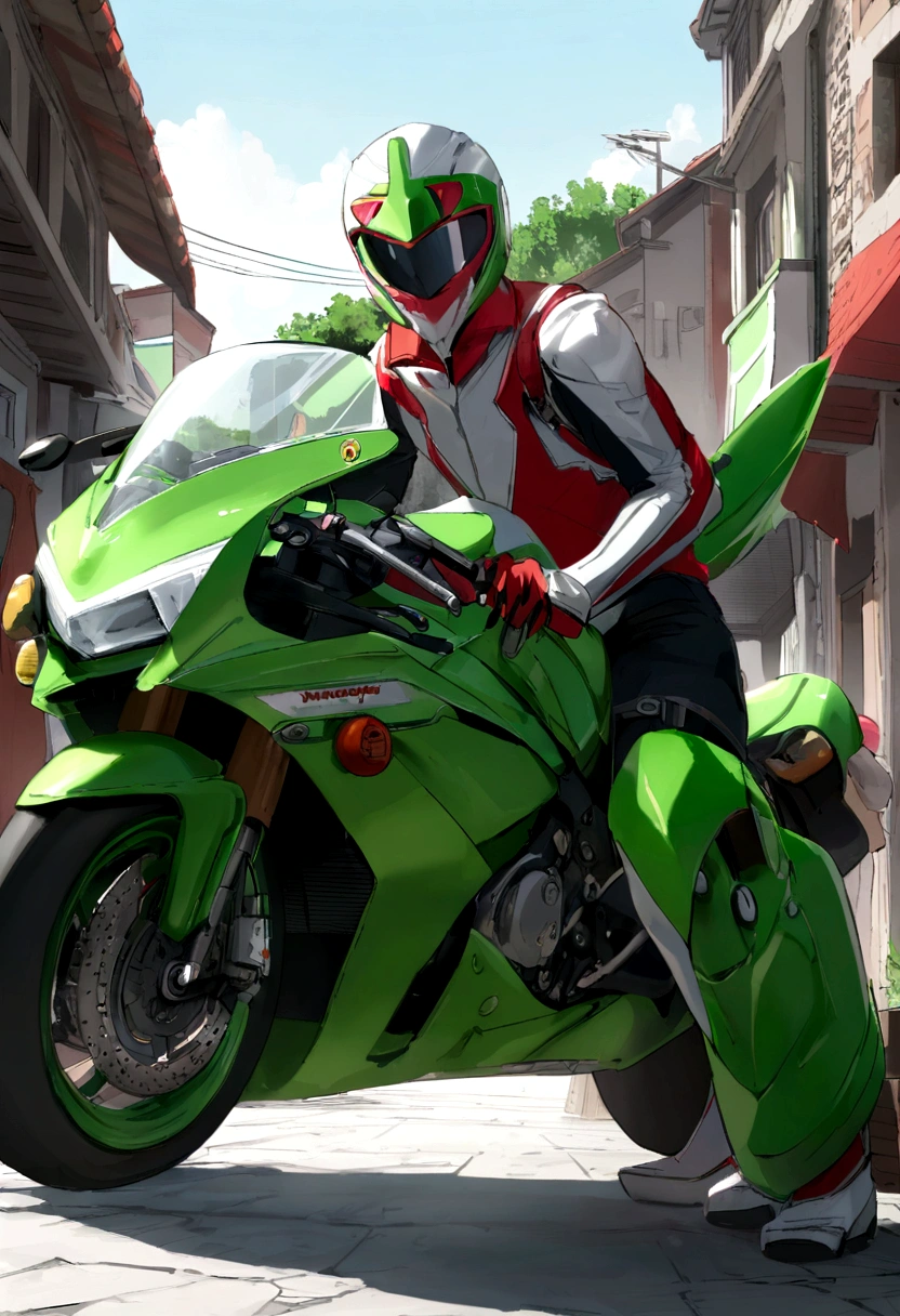 entregador de farmacia, roupas vermelha, moto, caixa de remedio, fundo verde