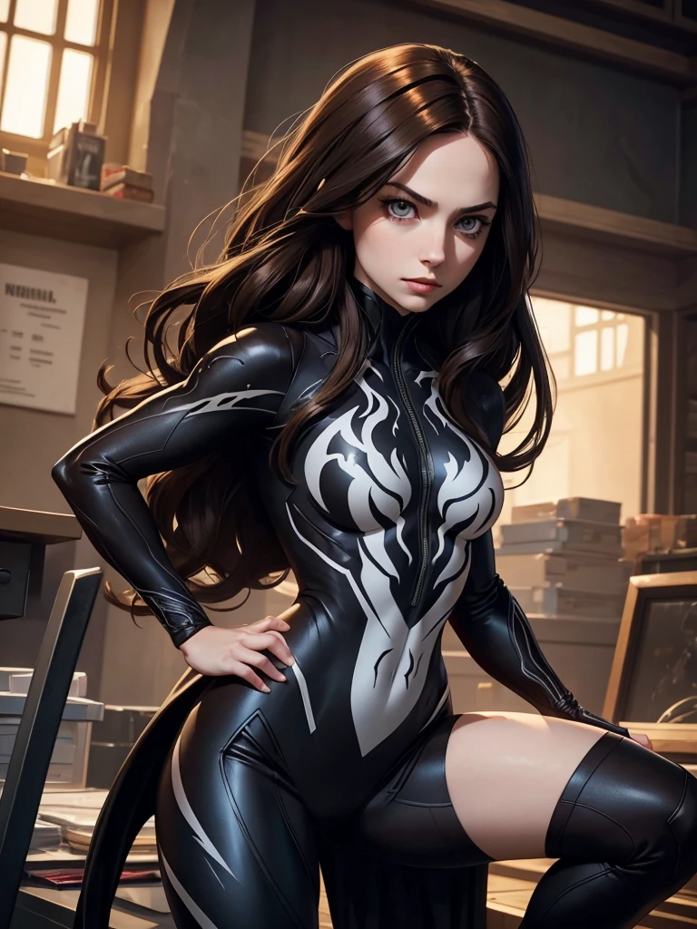 (best quality), 1girl, female, pale skin, dark brown hair, long hair, straight hair, brown eyes, perfect eyes, bags under eyes, marvel universe, venom suit, masterpiece, anatomically correct, highres