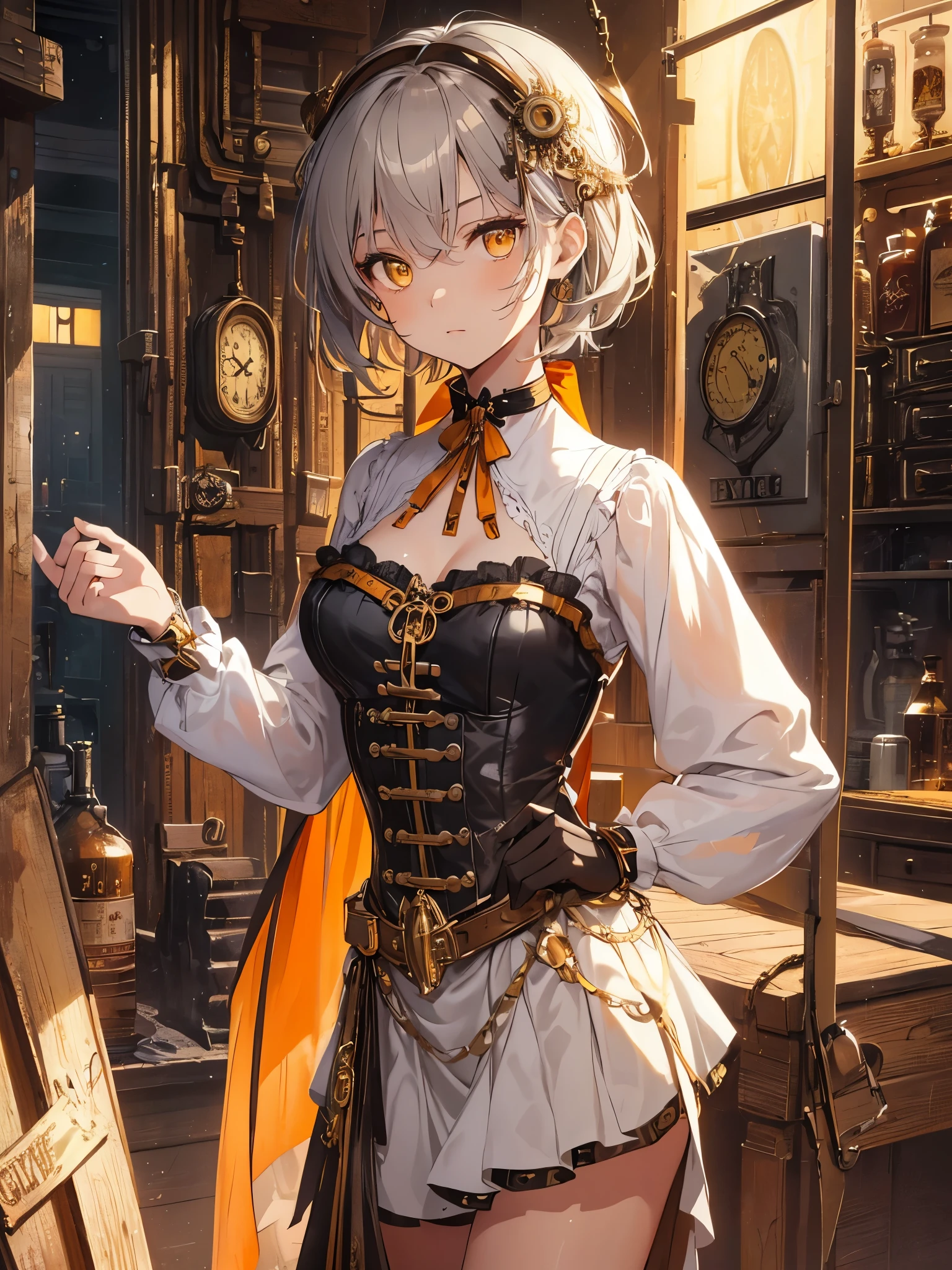 masterpiece, highest quality, Perfect Face, Highest Resolution, Highest quality,Detailed depiction of the eyes, 1 girl, young, slender body, Short, deep tan skin, slate gray hair, short hair, upturned eyes, Yellow Orange eyes, Perfect Anatomy, steampunk, ribbon choker, steampunk風の衣装, Vintage goggles