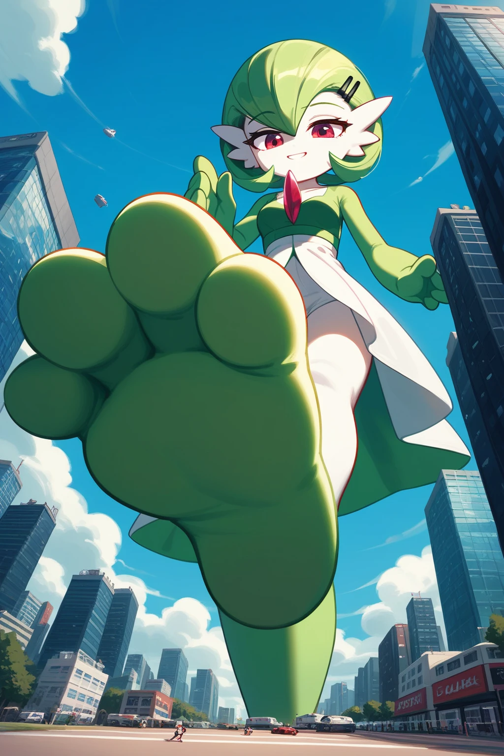 (Fraction_9,Fraction_8_Direction_7_up,), green legs, full body! shot, green and white, higurashi, danny phantom, full body shot close up, gardevoir, pokemon, sizedifference, macro, giantess, low angle, paws, stand, look down, 1 character, deceptive smile, hands down, half-squinted eyes, city, 2 feet