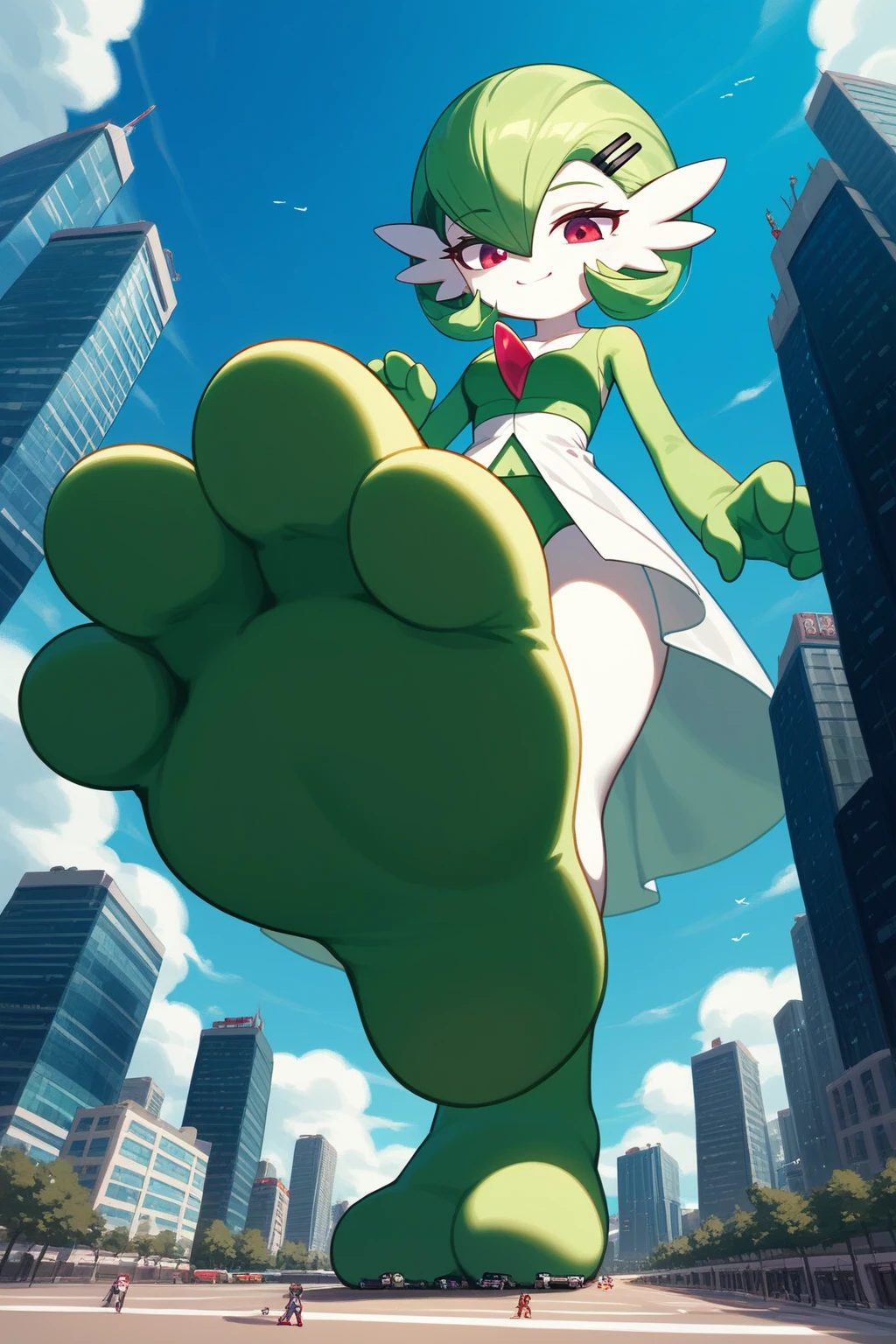 (Fraction_9,Fraction_8_Direction_7_up,), green legs, full body! shot, green and white, higurashi, danny phantom, full body shot close up, gardevoir, pokemon, sizedifference, macro, giantess, low angle, paws, stand, look down, 1 character, deceptive smile, hands down, half-squinted eyes, city, 2 feet