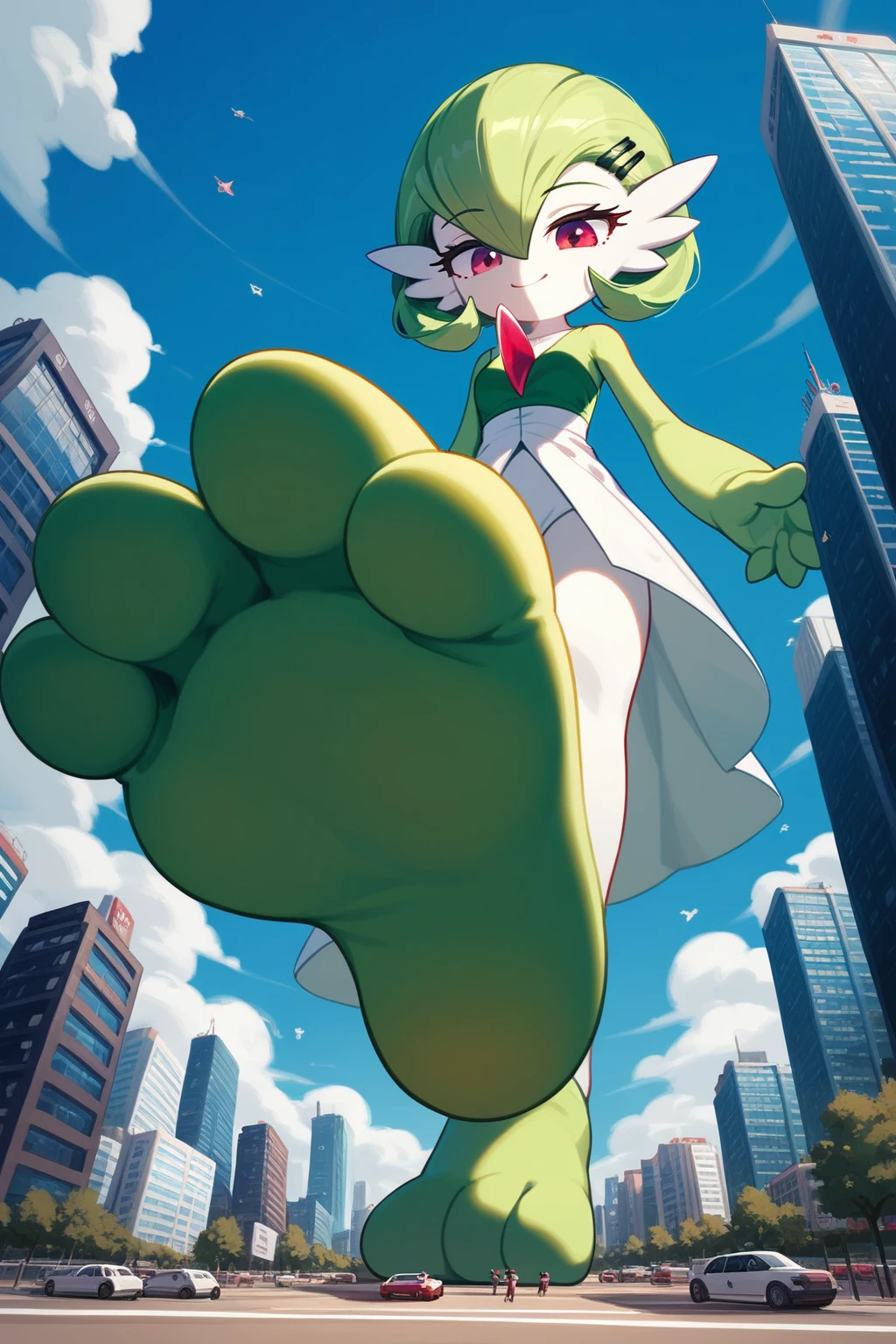 (Fraction_9,Fraction_8_Direction_7_up,), green legs, full body! shot, green and white, higurashi, danny phantom, full body shot close up, gardevoir, pokemon, sizedifference, macro, giantess, low angle, paws, stand, look down, 1 character, deceptive smile, hands down, half-squinted eyes, city, 2 feet