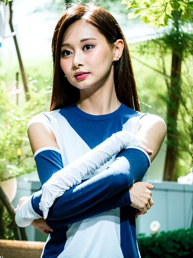 best quality, ultra high res, (photorealistic:1.4), 1girl, a woman and a blue and white long sleeve tshirt, looking at the camera, pokerface , solo focus, (((arms down, arms at the side))), looking at viewer,(ulzzang-6500-v1.1:0.2)