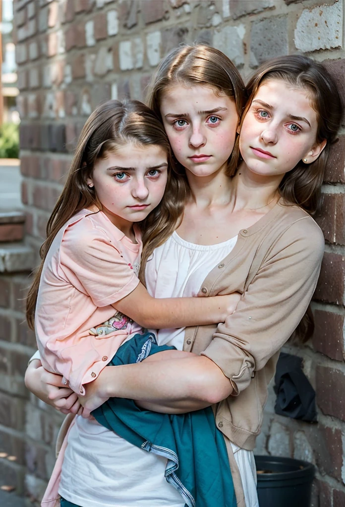 2heads, two headed girl, (one head  girl:1.5), (one head 12 year old (uncomfortable and annoyed:1.2), holding their daughter