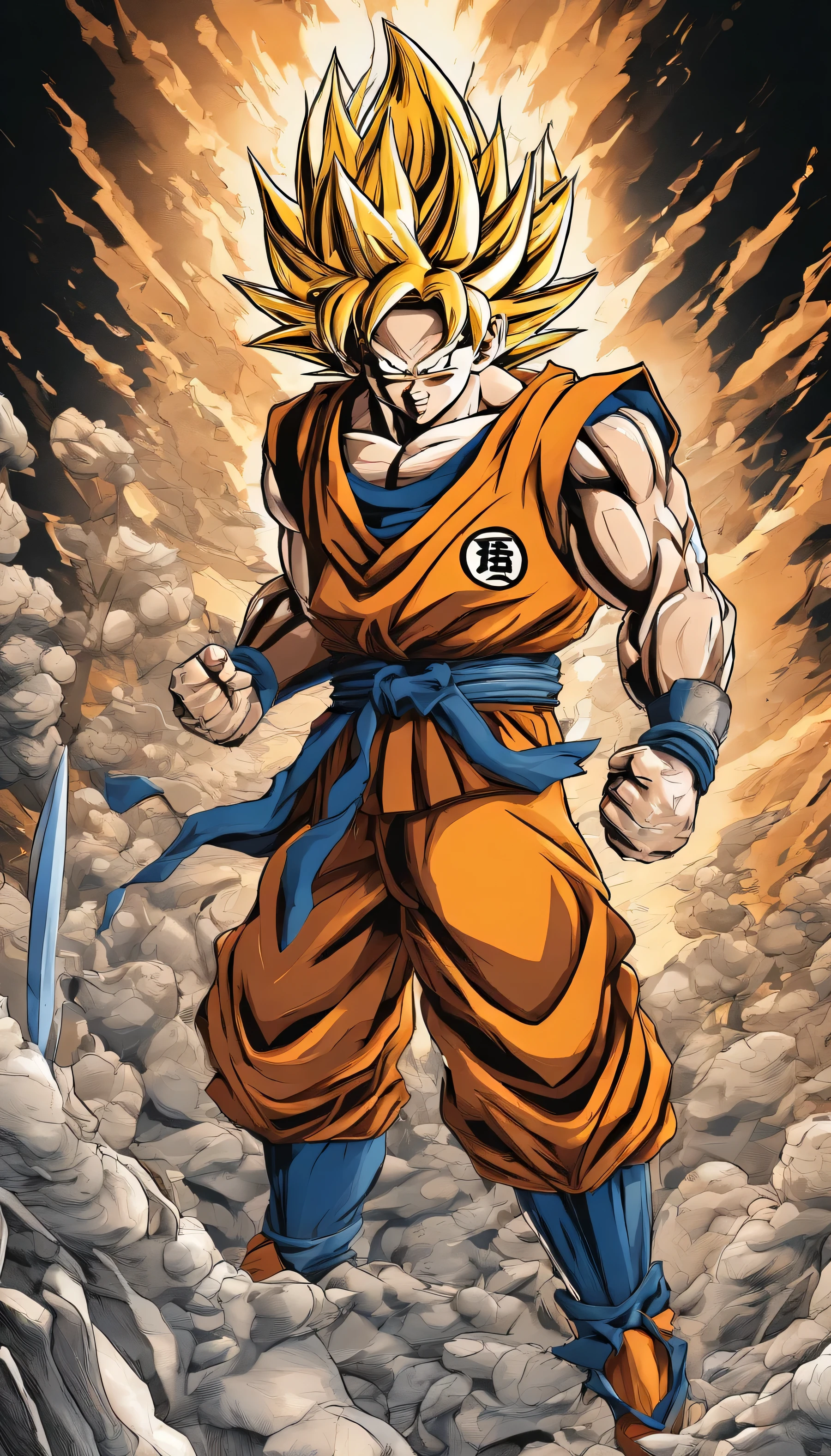 Goku in heavy armor,3D rendering,ultra-detailed,professional,HDR,studio lighting,vivid colors,physically-based rendering,sharp focus,long hair,serious expression,muscular,dragon tattoo,bokeh,metallic texture,glowing orbs,explosions,action-packed scene,unstoppable power,fiery background,anime style,colorful aesthetics.