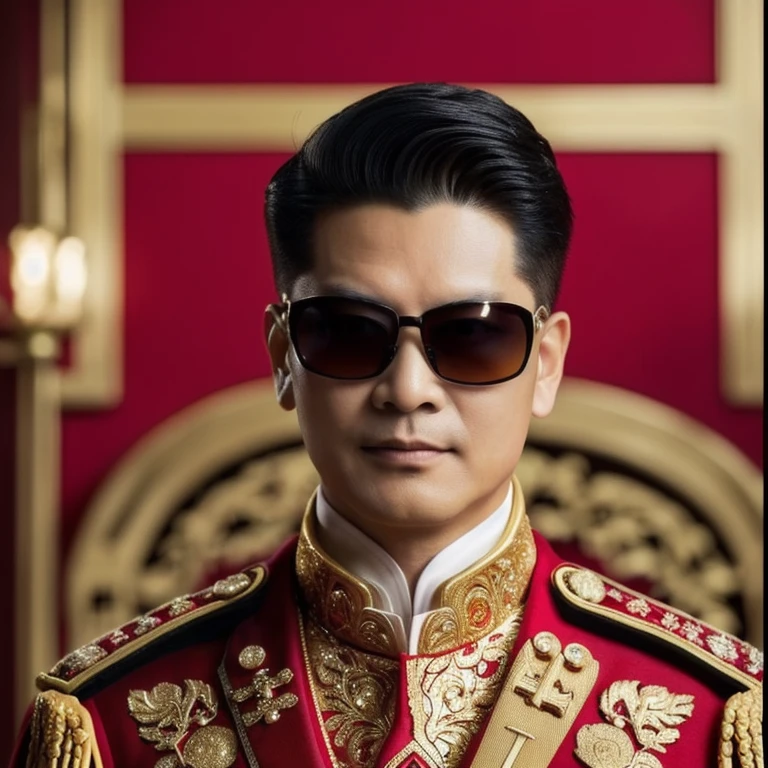 Araffe was dressed in a red and gold uniform and sunglasses., Order of Akira, According to the style of paying homage to the family, Inspiration from Ding Guan Peng, Inspired by Ding Yunpeng, Godfather Khan, emperor, Inspired by Guo Xi, in the style of sifu ปรมาจารย์, Like Andy Lau., in the form of a call price