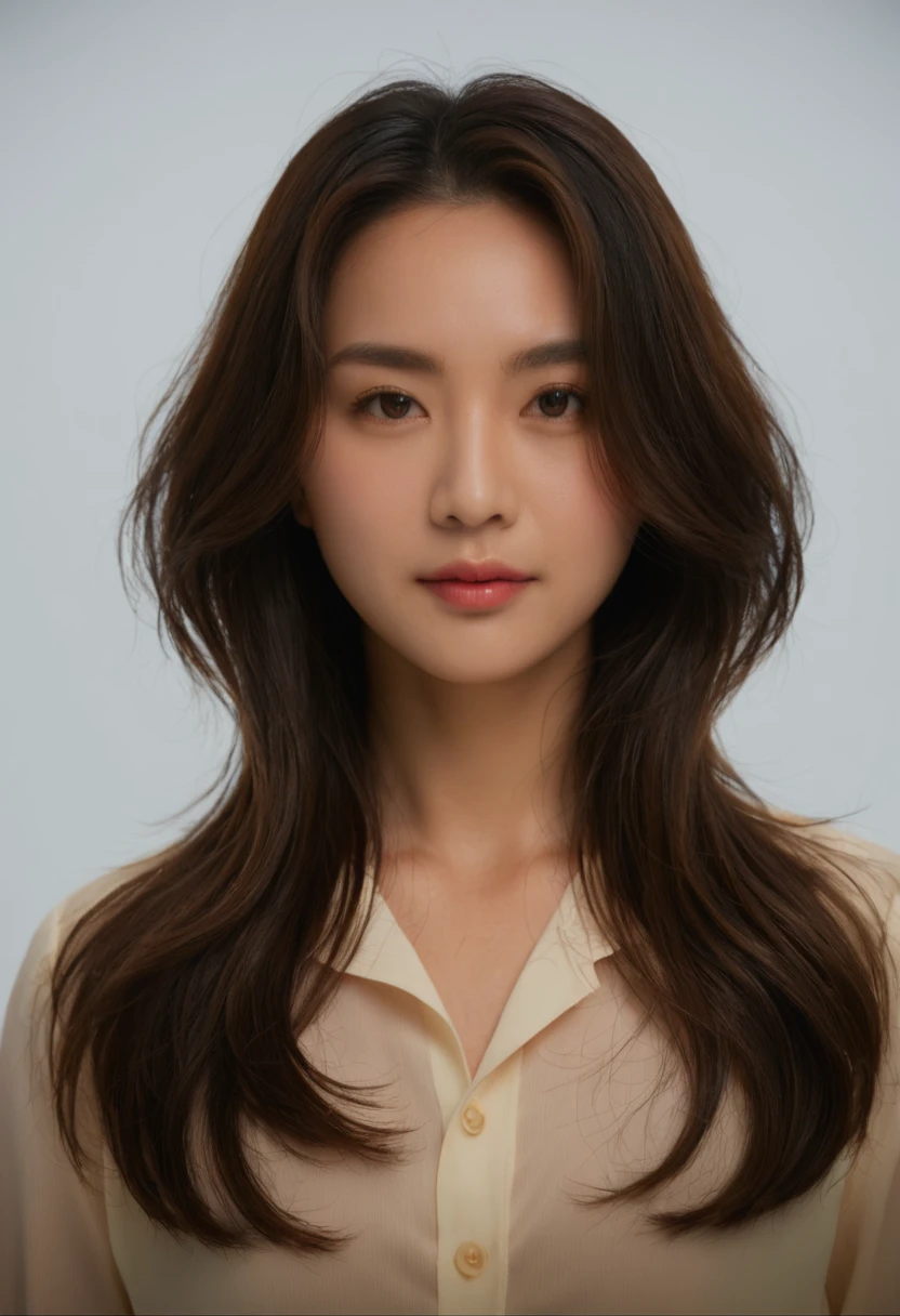 Best Quality, 8k, Masterpiece, (Portrait: 1.3), (photo realistic:1.4), (hyper realistic:1.4), Sharp Focus, looking at viewer, (smoother lighting:1.1), (increase cinematic lighting quality:0.9), realistic lighting, backlighting, light on face, ray trace, (brightening light:1.2), (Increase quality:1.4), sharp detail, (best quality real texture skin:1.4), finely detailed eyes, black_eyes, finely detailed face, 25 year old Korean woman, (white formal_shirt:1.4), (Create an image maintaining the original base model hairstyle:1.5)