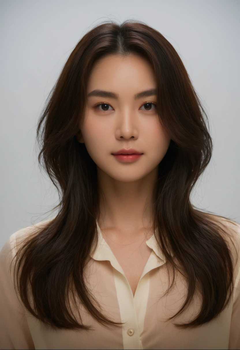 Best Quality, 8k, Masterpiece, (Portrait: 1.3), (photo realistic:1.4), (hyper realistic:1.4), Sharp Focus, looking at viewer, (smoother lighting:1.1), (increase cinematic lighting quality:0.9), realistic lighting, backlighting, light on face, ray trace, (brightening light:1.2), (Increase quality:1.4), sharp detail, (best quality real texture skin:1.4), finely detailed eyes, black_eyes, finely detailed face, 25 year old Korean woman, (white formal_shirt:1.4), (Create an image maintaining the original base model hairstyle:1.5)