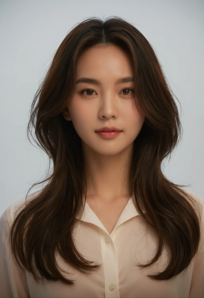 Best Quality, 8k, Masterpiece, (Portrait: 1.3), (photo realistic:1.4), (hyper realistic:1.4), Sharp Focus, looking at viewer, (smoother lighting:1.1), (increase cinematic lighting quality:0.9), realistic lighting, backlighting, light on face, ray trace, (brightening light:1.2), (Increase quality:1.4), sharp detail, (best quality real texture skin:1.4), finely detailed eyes, black_eyes, finely detailed face, 25 year old Korean woman, (white formal_shirt:1.4), (Create an image maintaining the original base model hairstyle:1.5)